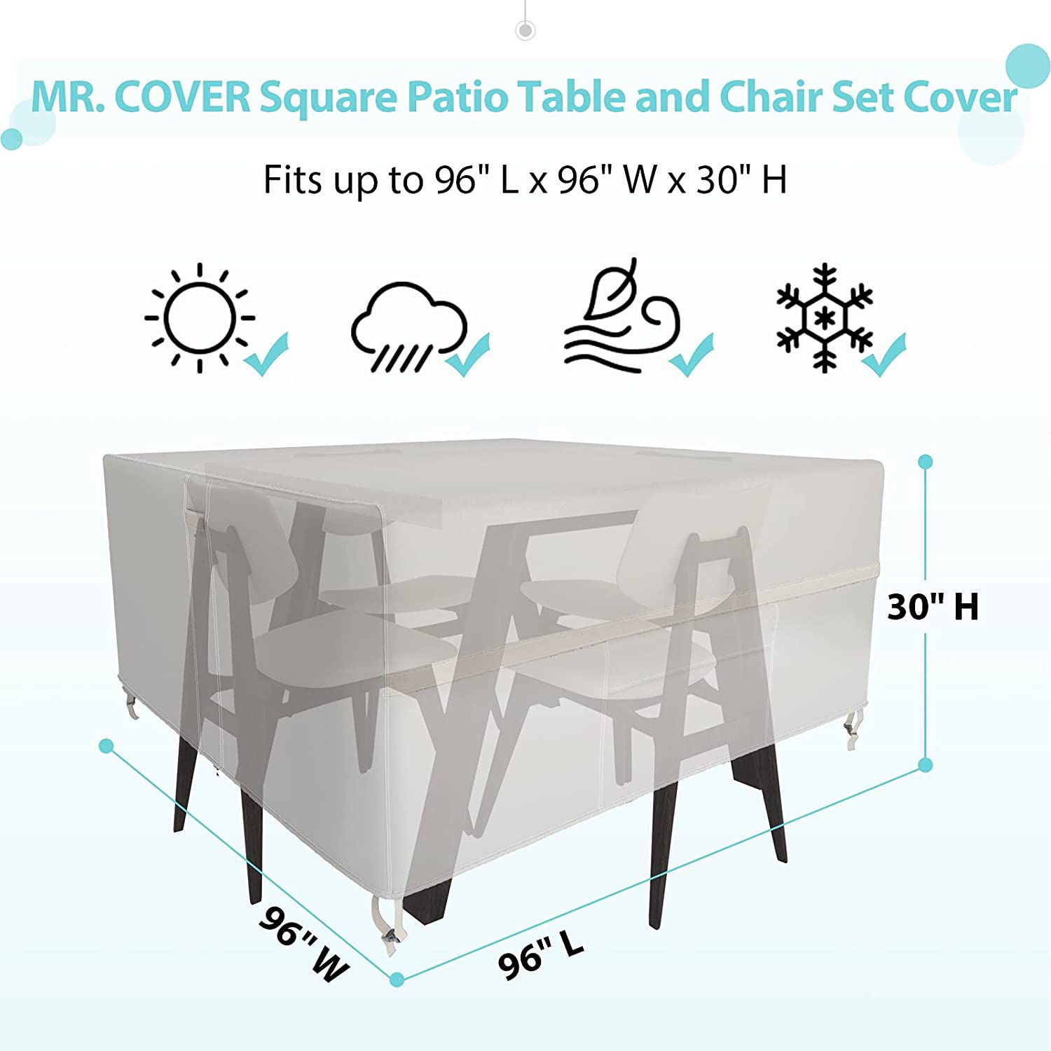 MR. COVER Square Patio Table Cover, Outdoor Dining Set Cover, 96L x 96W x 30H, Waterproof & UV-Protection, Strong & Sturdy, Beige, Amenre Series
