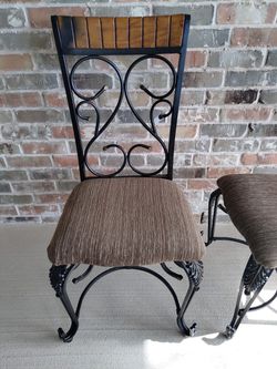 Two Metal Chairs With Fabric Seats And Wooden Back Accents Thumbnail