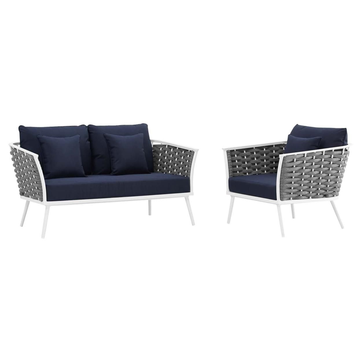 Stance 2 Piece Outdoor Patio Aluminum Sectional Sofa Set, White Navy