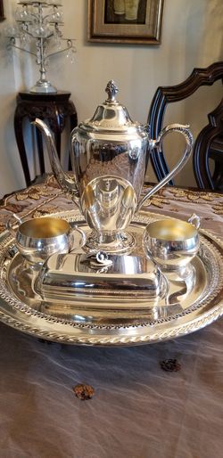 Silverplated tea set with butter dish and edge decorated tray Thumbnail