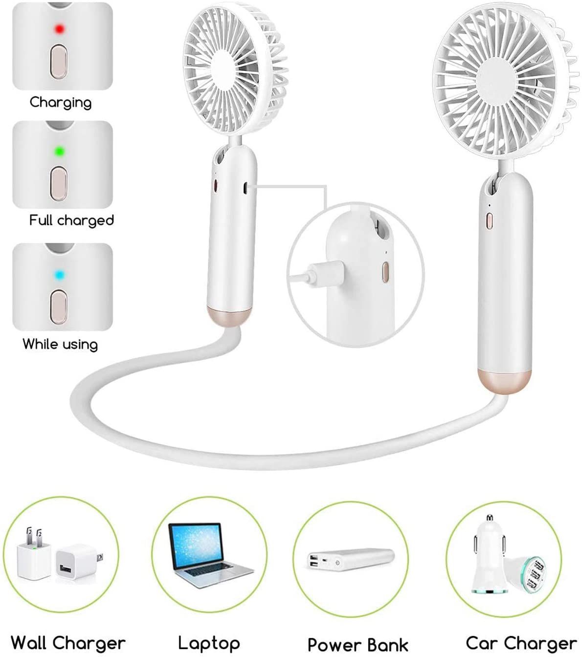 Portable Neck Fan, Portable Fan Rechargeable USB Hand Held Fan Battery Operated for Stroller, Personal Fan with 3 Speeds Adjustable Detachable 2 Desk