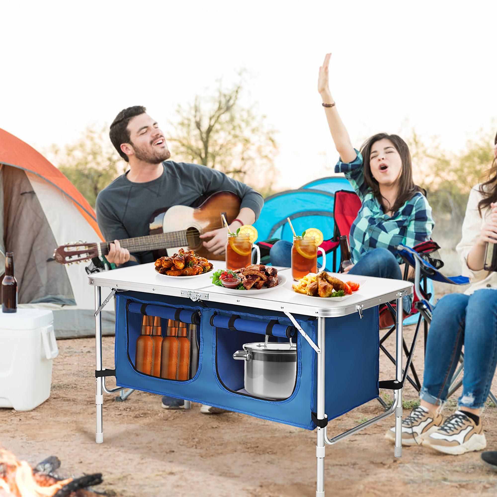 Costway Adjustable Camping Table Aluminum w/ Storage Organizer Dark Blue