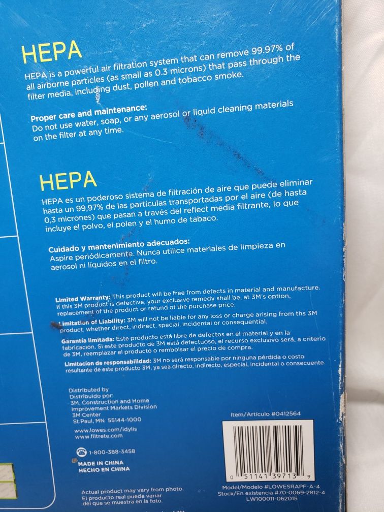 3M Filtrete Hepa Media replacement filter #0412564