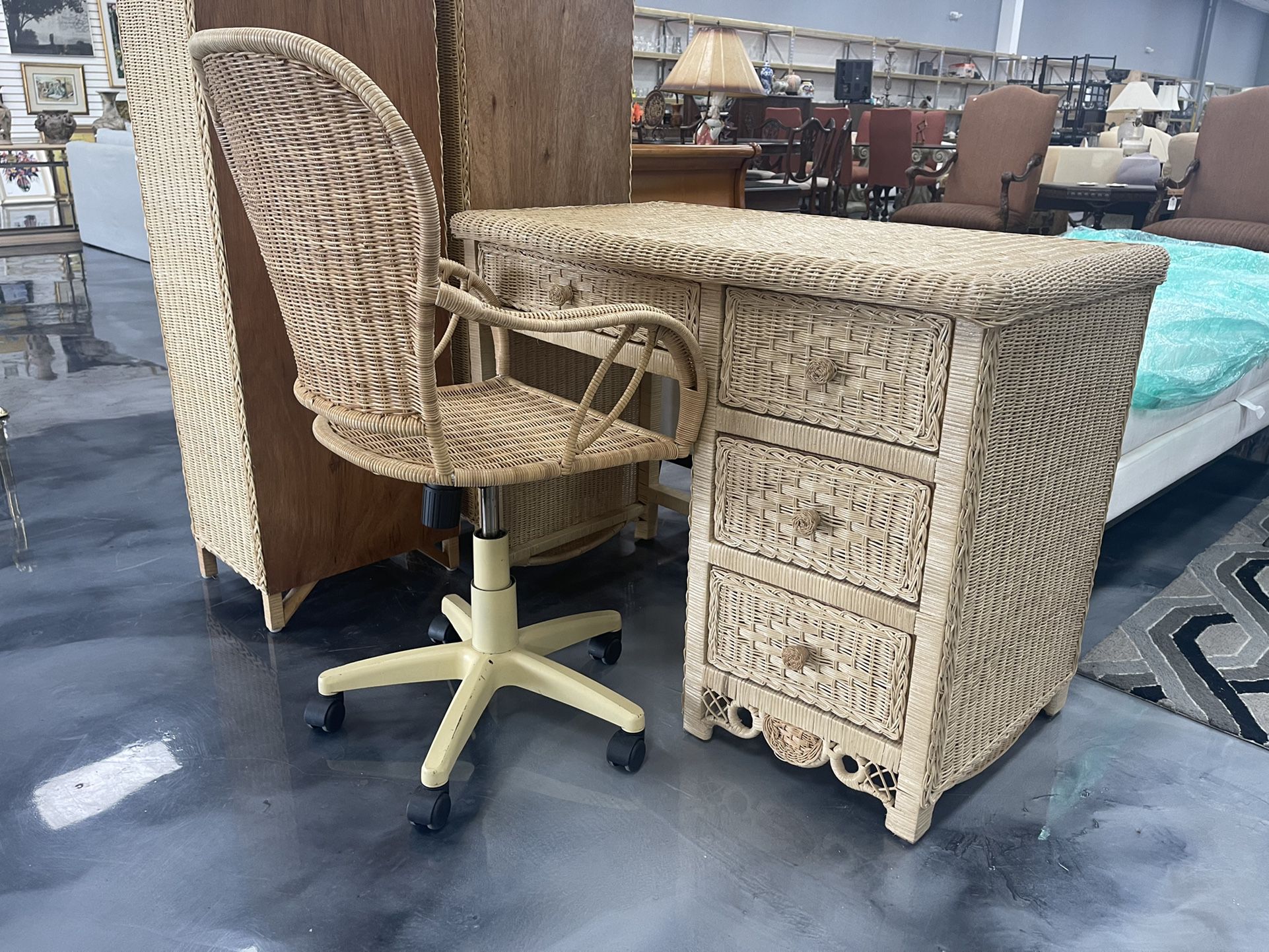 Wicker Desk With Storage + Office Chair (set)