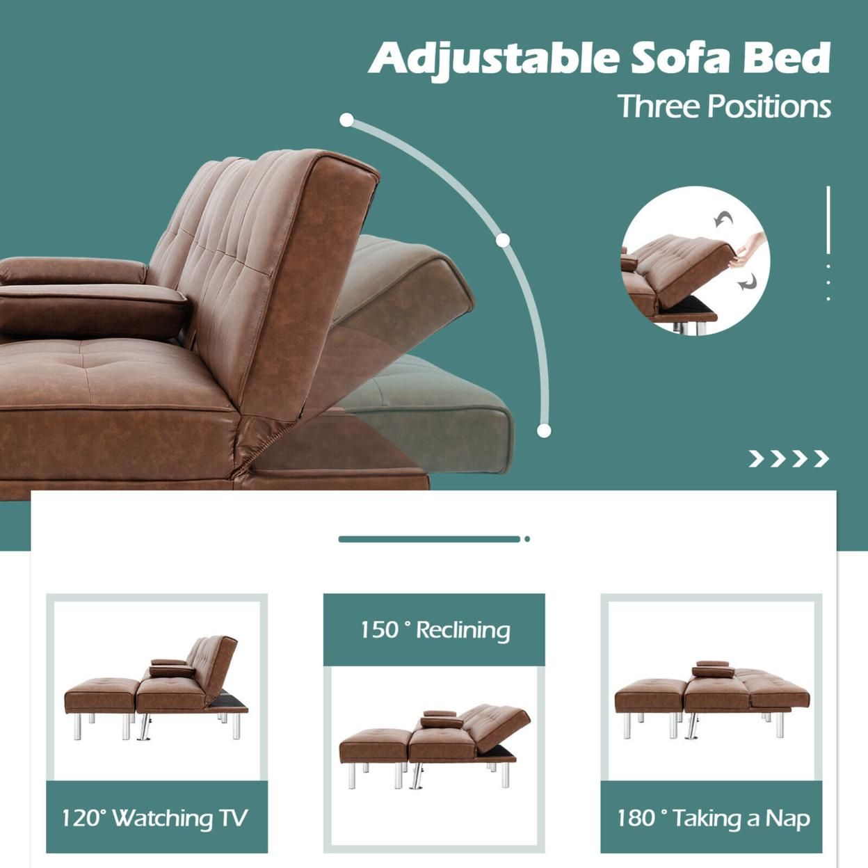 Gymax 3-Piece Sectional Sofa Set Convertible Futon w/Single Sofa & Ottoman Brown