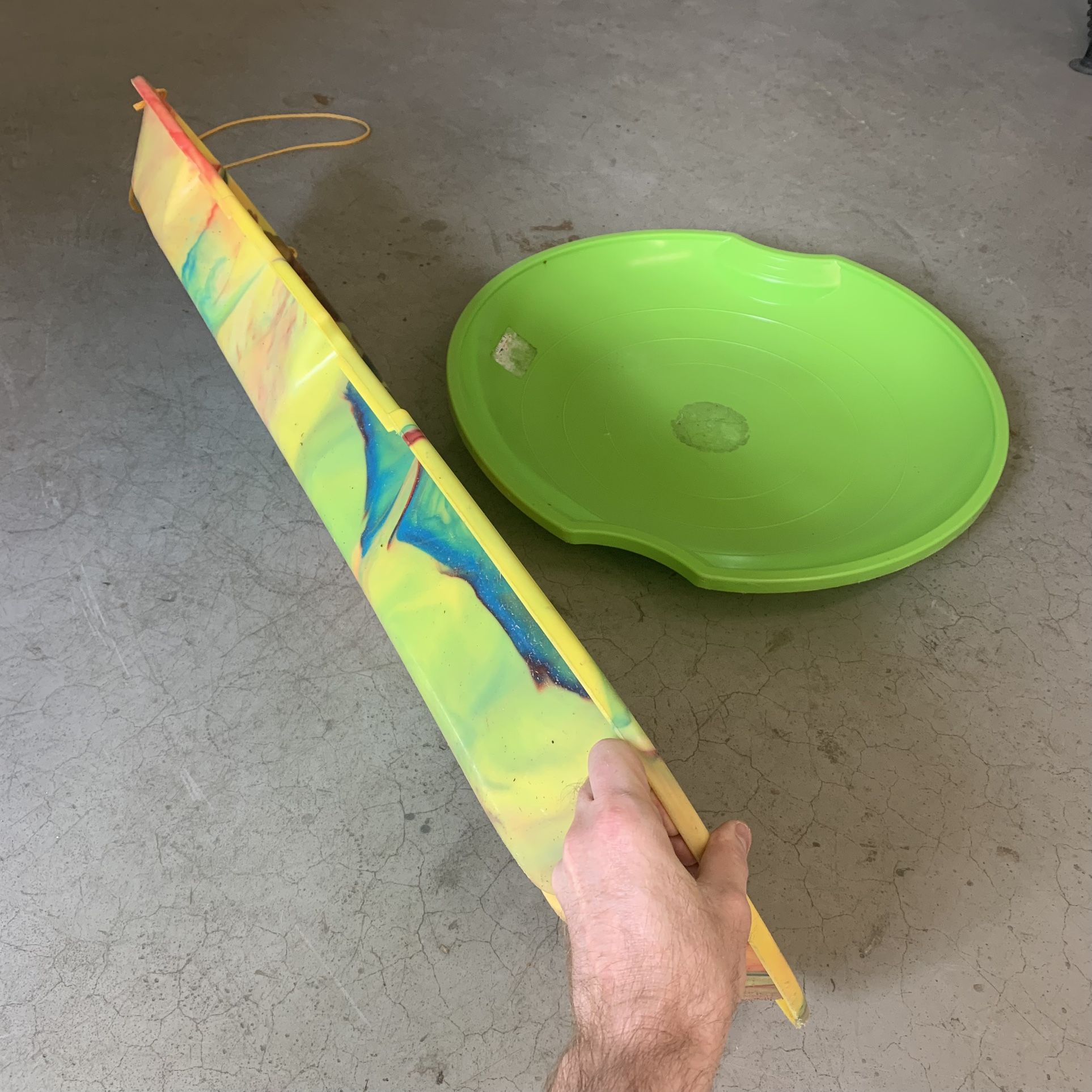 Two Plastic Snow Sleds - One Saucer style and One 2-Person Toboggan style Be ready for the snow and sledding! ❄️ ⛄️ Great pre-owned condition. Pr