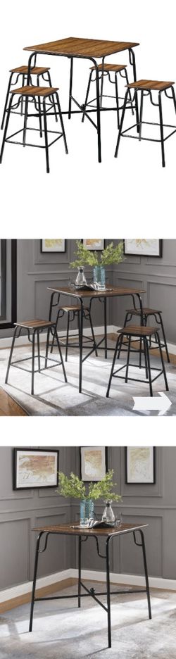 NEW ( 5 Piece ) Counter Height Dining Table Set + 4 Chairs - Metal Wood Grain Kitchen Top Barstool Seats High Bar Stool Dinner Room Bench Walnut -READ Thumbnail