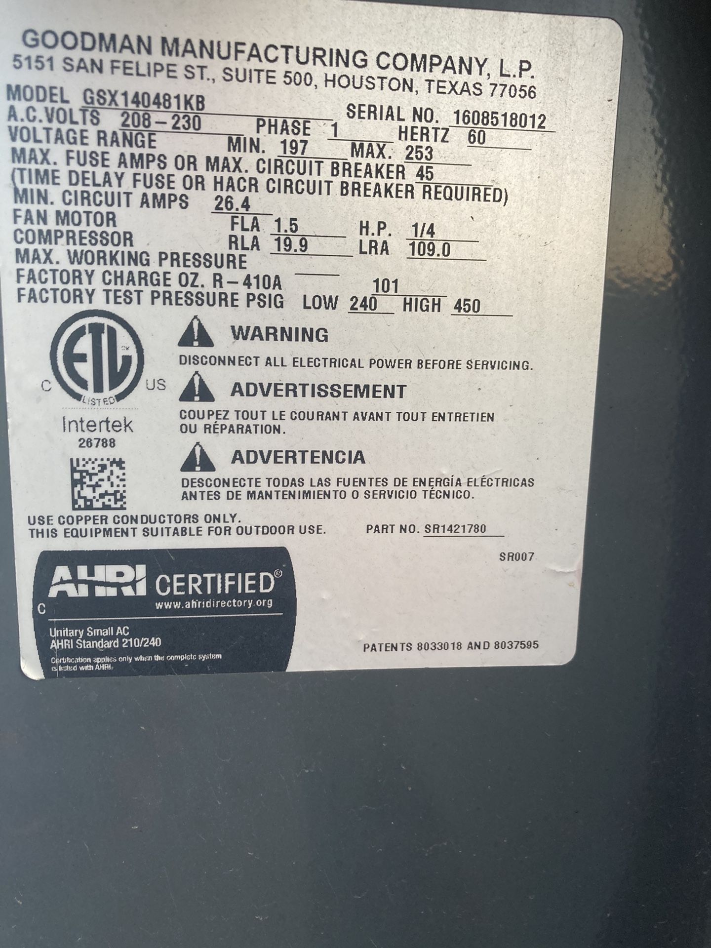 Goodman 4ton AC, Condenser, air handler and I’ll throw in a thermostat.