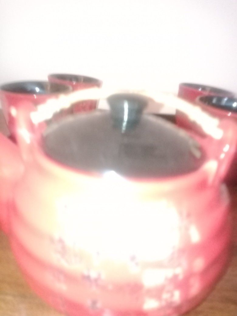 Red Chinese Tea Set (Slight Imperfection On Tea Kettle)