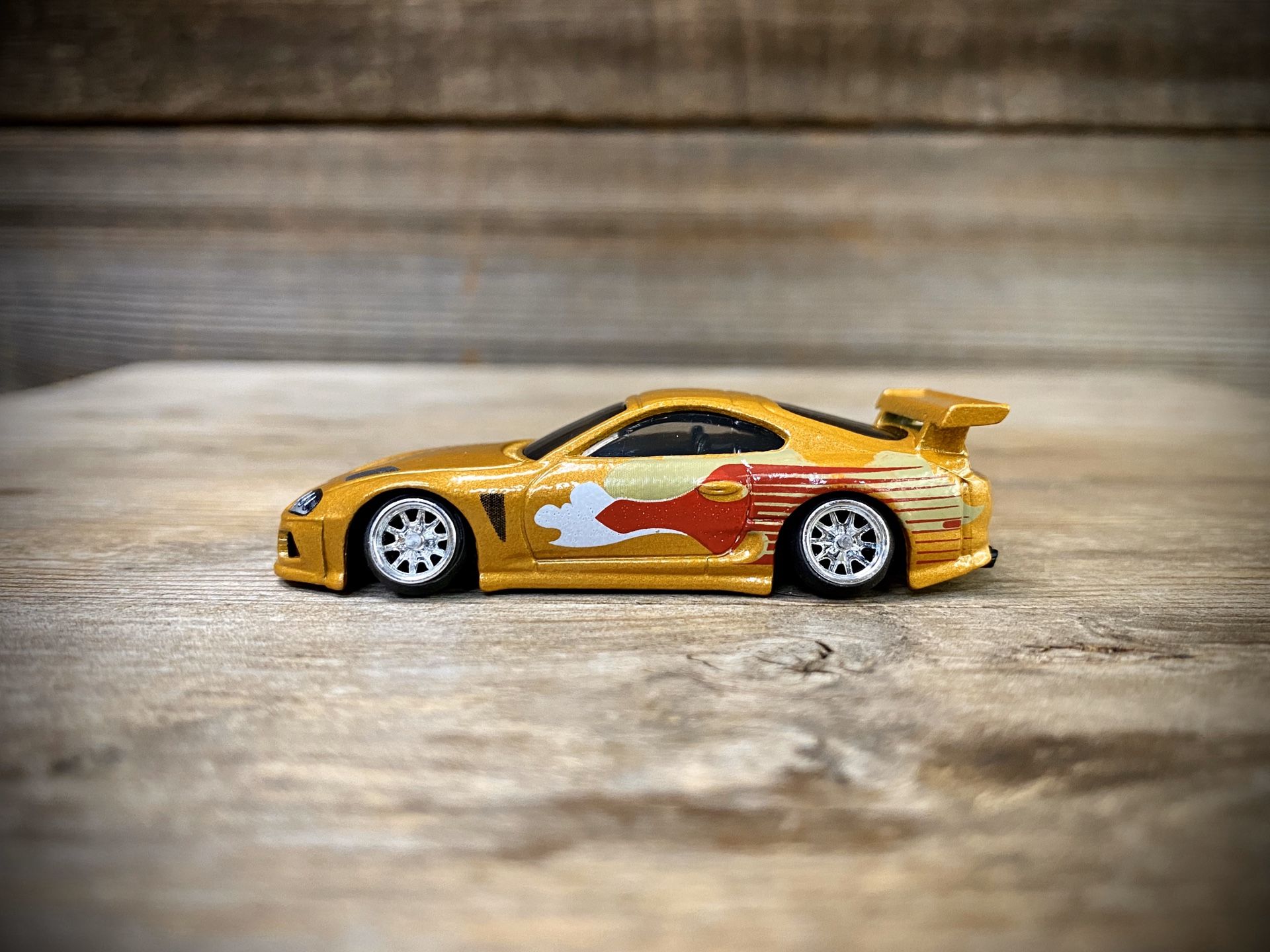 CUSTOM 1:64 Toyota Supra - Hot Wheels x Fast and Furious (Lowered + camber and upgraded premium 10-spoke chrome wheels)