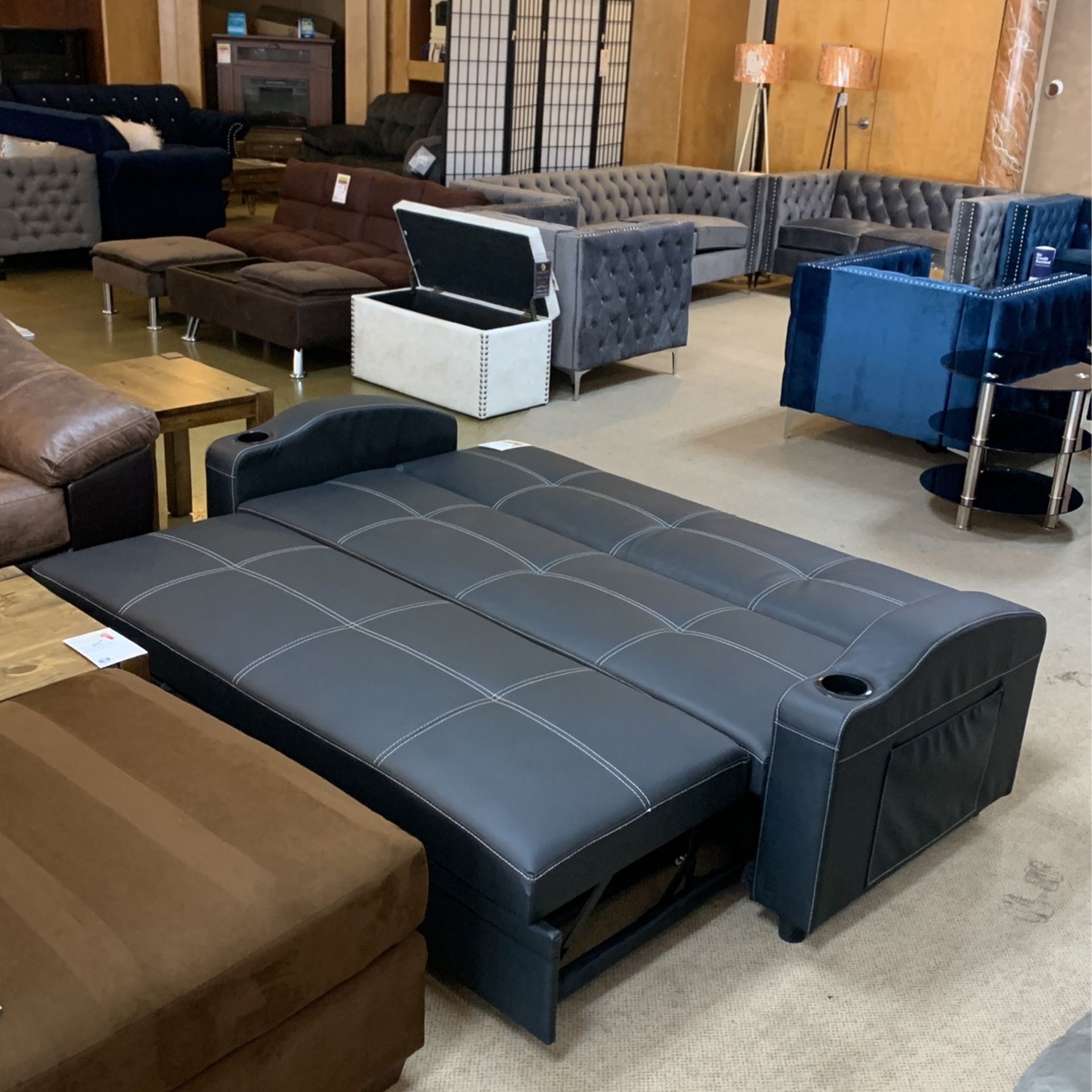 Black Leather Futon With Cup Holders And Side Pockets