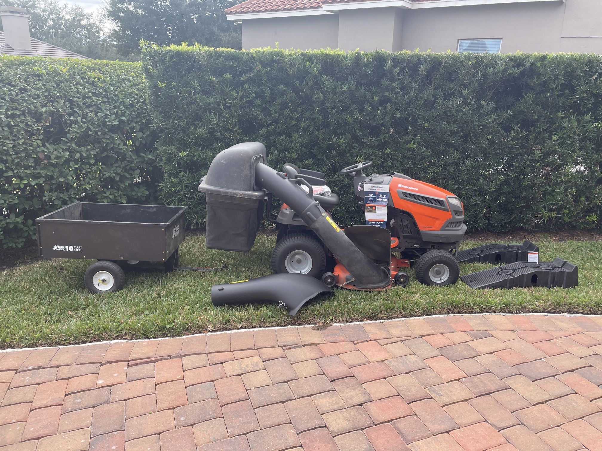 Husqvarna 48” Riding Mower, Bagger, Dump Cart
