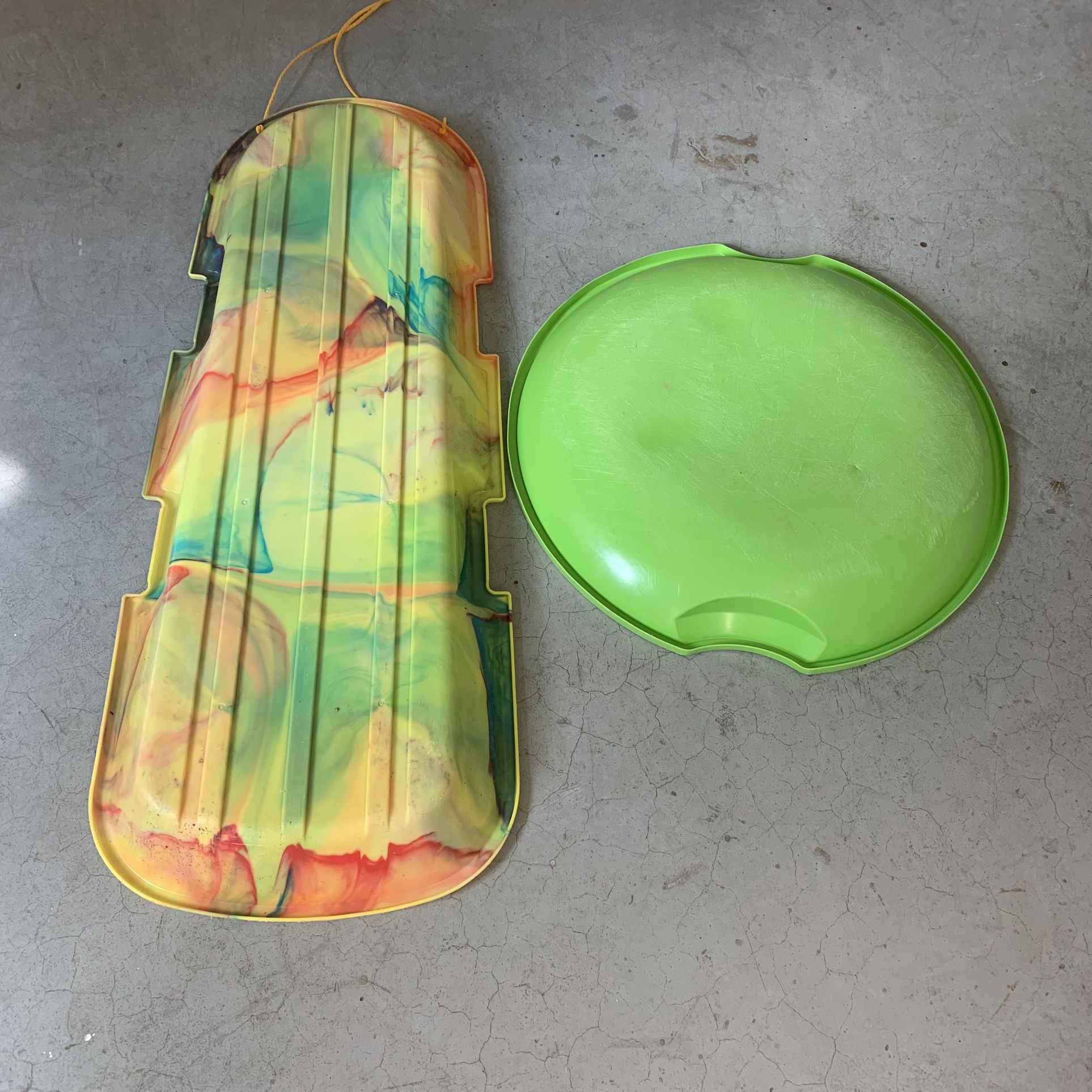 Two Plastic Snow Sleds - One Saucer style and One 2-Person Toboggan style  Be ready for the snow and sledding! ❄️ ⛄️   Great pre-owned condition.   Pr