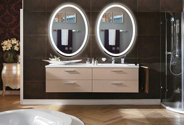 Wall Mounted Anti-Fog Dimmable Touch Button Mirror LED Lighted Oval Vanity Bathroom Makeup Mirrors with Magnifier Thumbnail