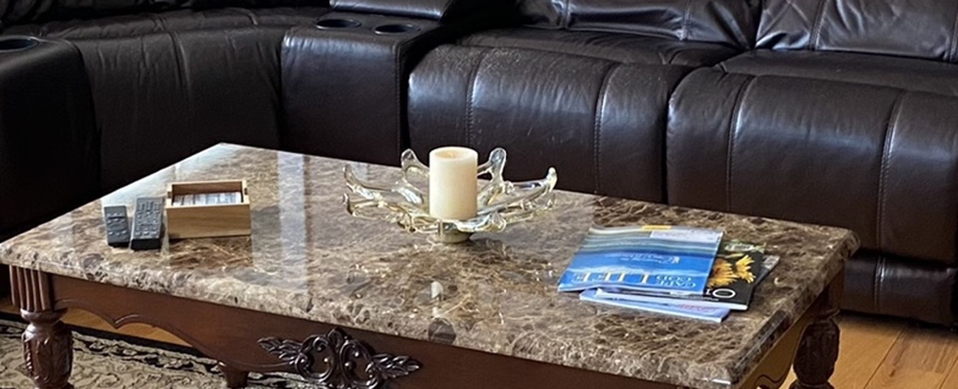 Leather Couch with 3 Built In Manual Recliners, 4 Drink Holders And 2 Storage Areas