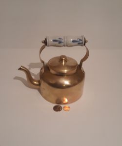 Vintage Metal Brass Teapot, Tea Kettle with Porcelain Handle, 7" x 5", Kitchen Decor, Table Display, Shelf Display, This Can Be Shined Up Even More Thumbnail