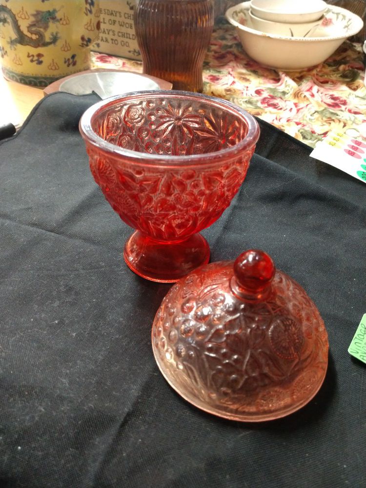 Vintage Avon Ruby Red Glass Berry Flowers Design Pedestal Candy Dish with Lid