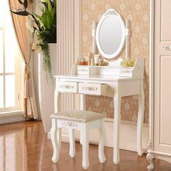 NEW Vanity Dressing Table Makeup Desk Set With Stool & Mirror for Teenagers Women Bedroom Thumbnail