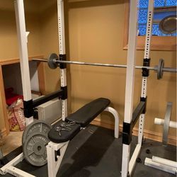 POWERHOUSE SQUAT RACK W 300LB OLYMPIC WEIGHT SET W BARBELL & TREE ( LIKE NEW & DELIVERY AVAILABLE TODAY) Thumbnail
