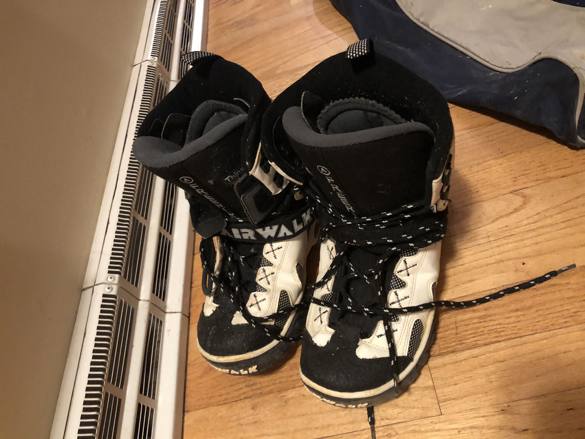 Snowboard with boots and bag