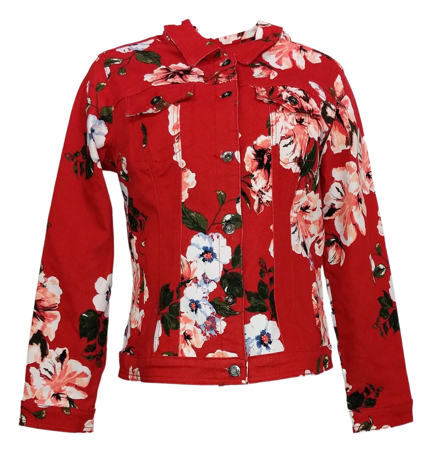DG2 by Diane Gilman Women's Sz M Floral Print Denim Jacket Red 646504