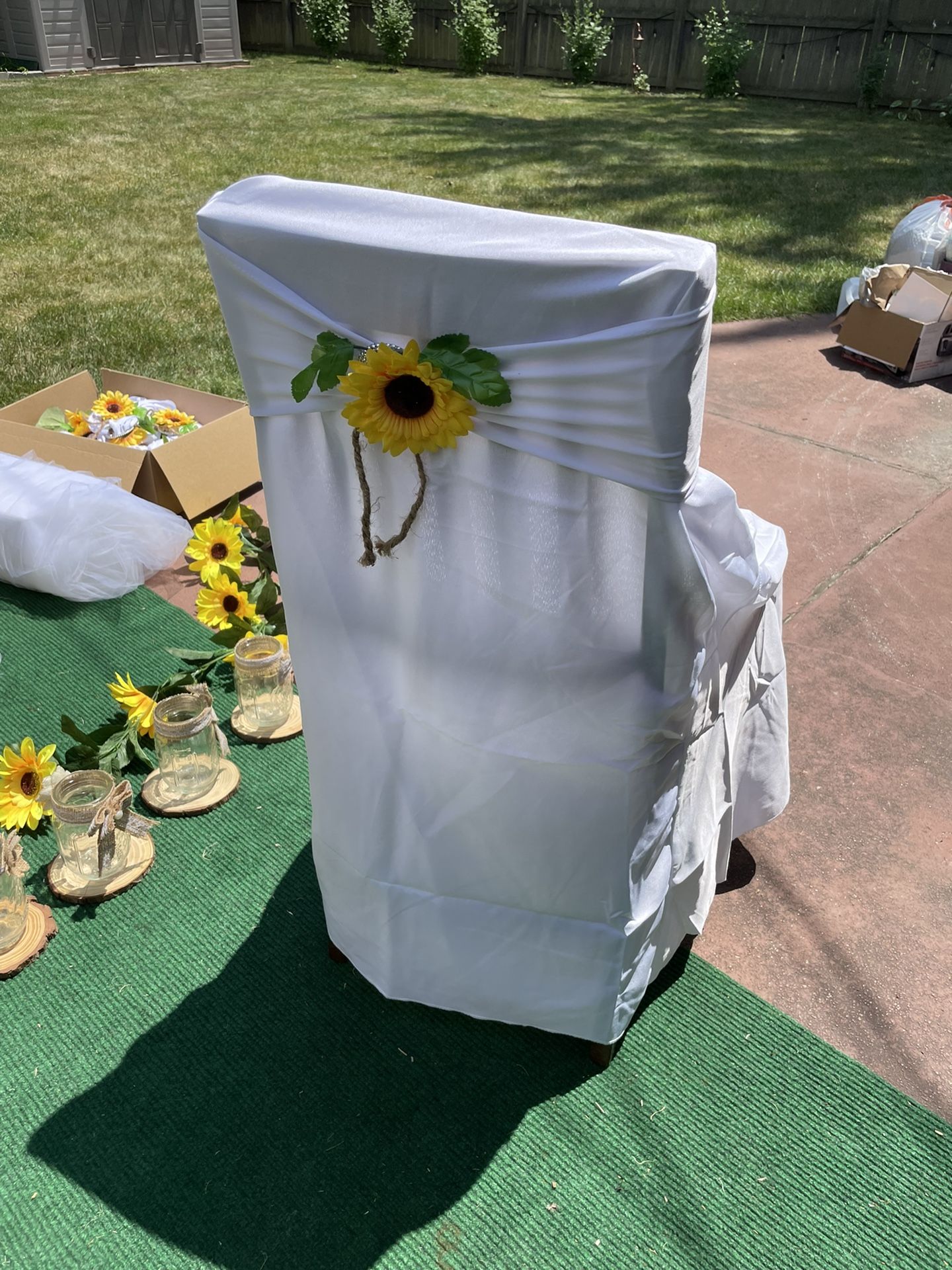 Sunflower Wedding/ White Chair Covers And Sunflower Ties