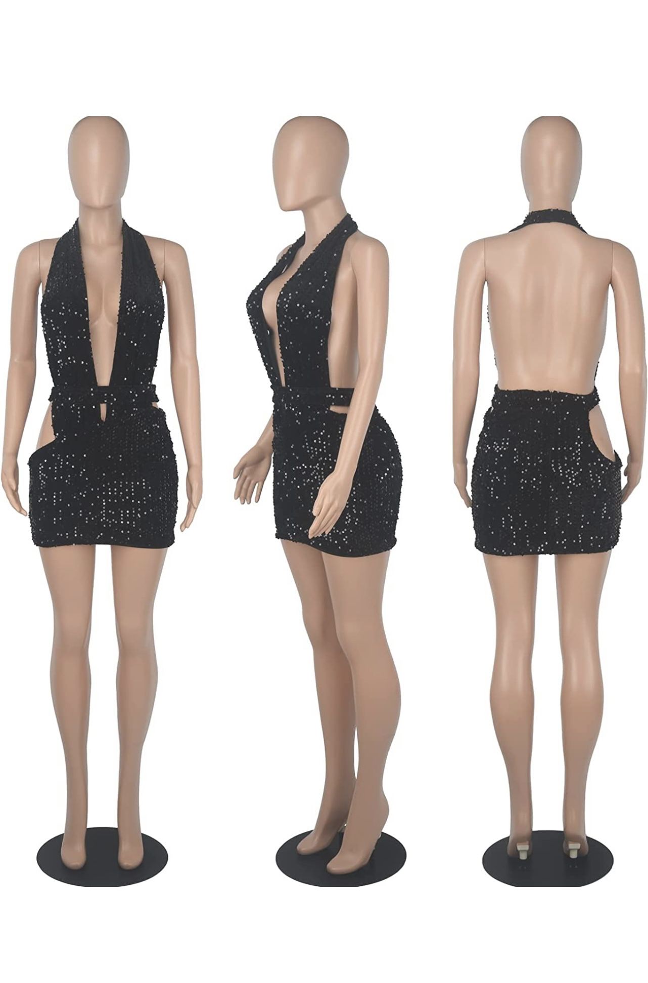 Glitter V Neck Backless Sequined Mini Dress