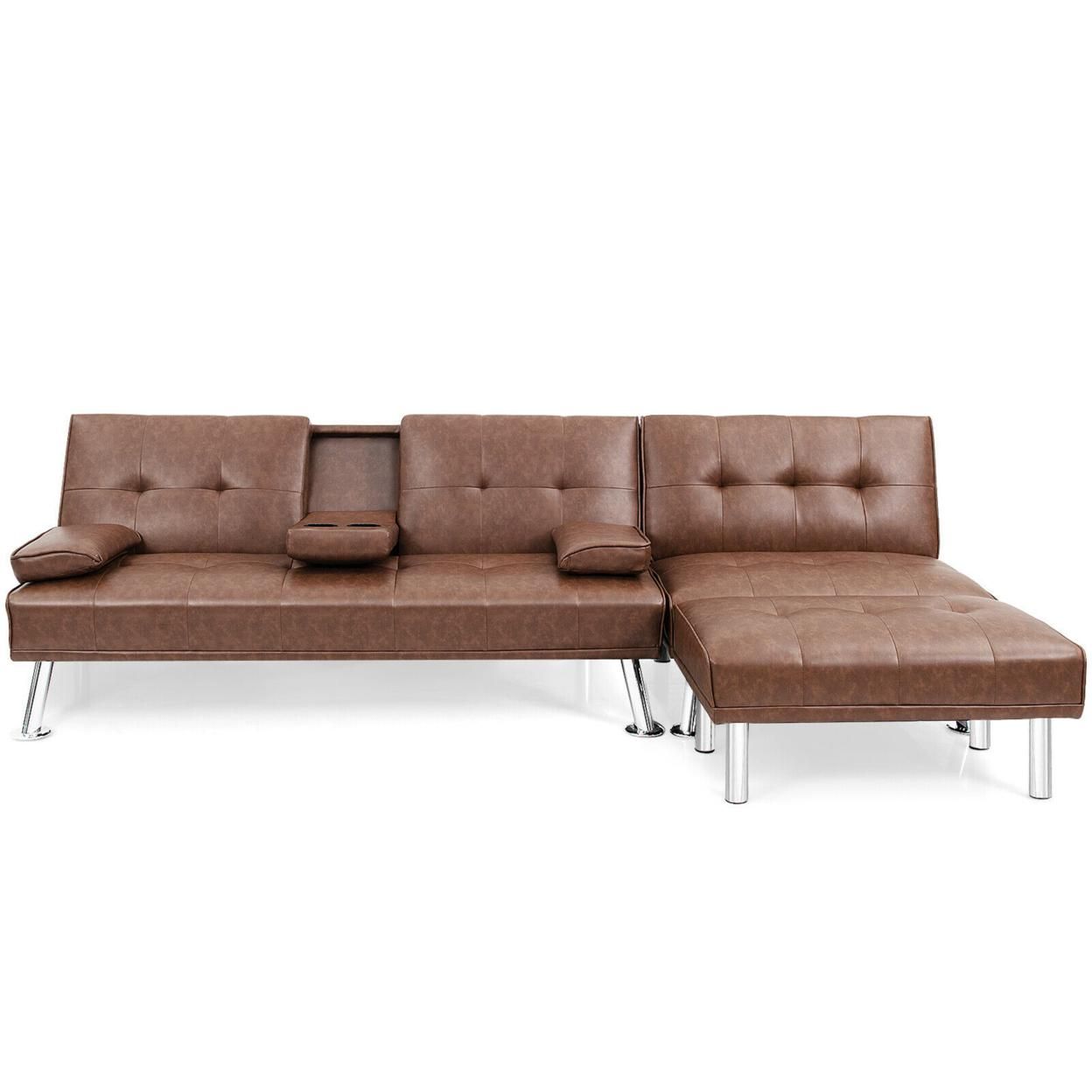 Gymax 3-Piece Sectional Sofa Set Convertible Futon w/Single Sofa & Ottoman Brown