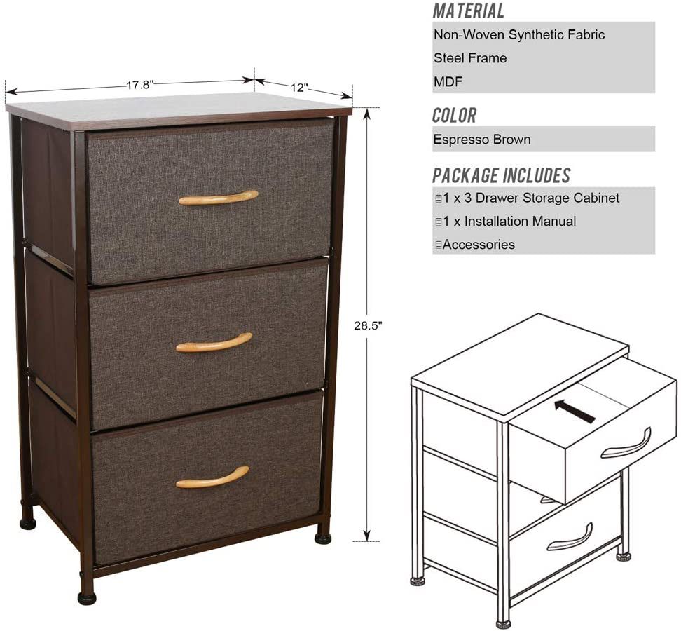 Dresser with 3 Drawers, Fabric Storage Tower, Organizer Unit for Bedroom, Hallway, Entryway, Closets, Sturdy Steel Frame, Wood Top, Easy Pull Handle (