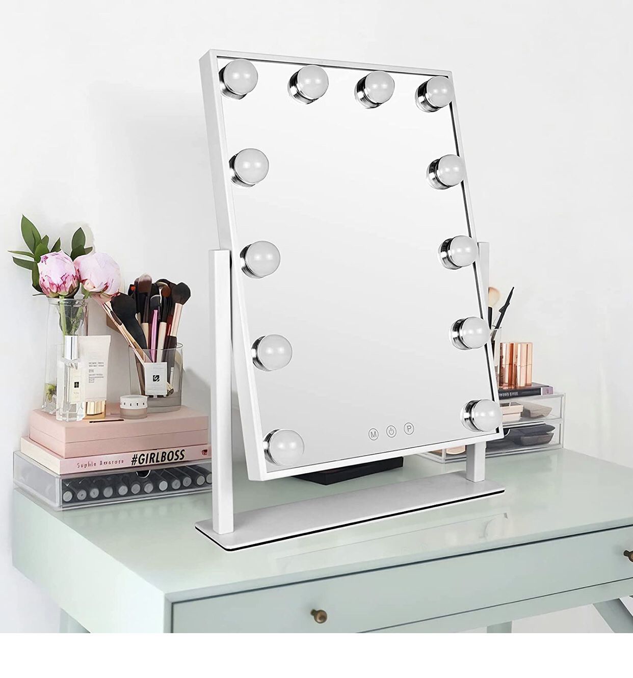 Light Up Vanity Makeup Mirror with Lights, Table Desktop Hollywood Led Makeup Mirror with Stand and Table Set
