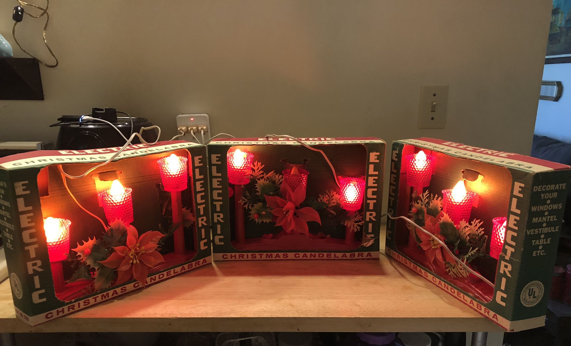3 Vintage Christmas Red Candelabra In Box Beacon Electric #3720