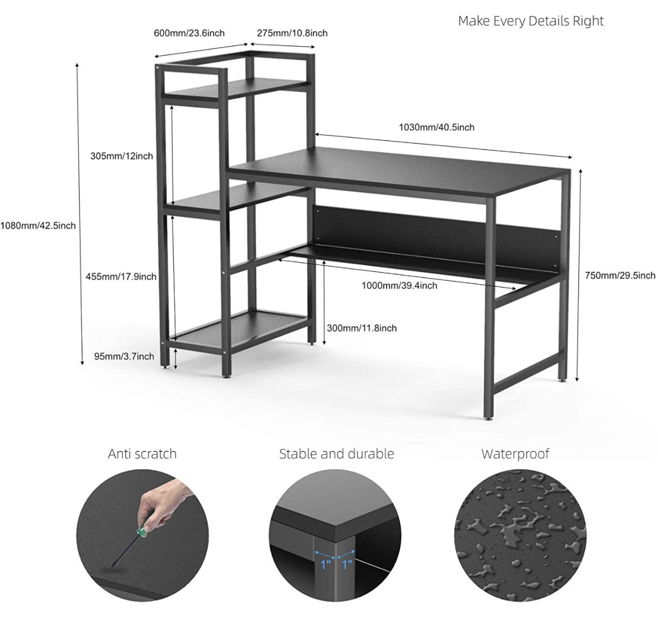 Tower Computer Desk with 4 Storage Shelves-Writing Study Table with Bookshelves Modern Study Desk Stable Student Desk for Small Space Steel Frame & Wo