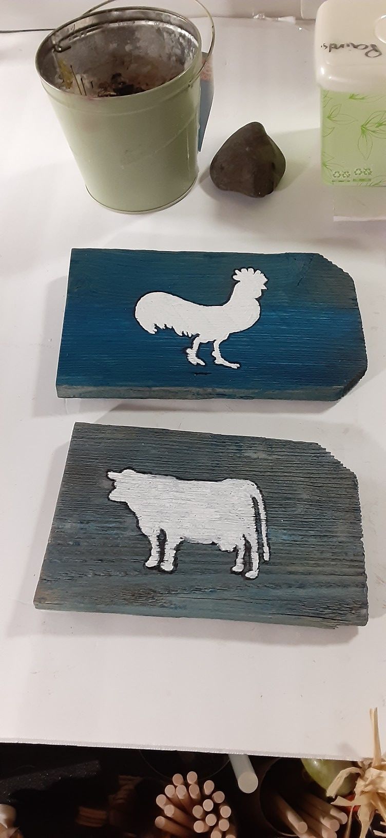 Custom rustic barn wood farmhouse cow rooster blue kitchen boho decor