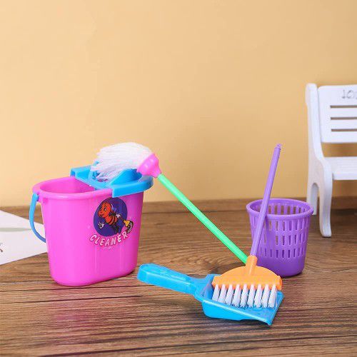 E-TING Miniature Mop Dust Pan, Brush, Broom, Bucket Doll Housework Cleaning Set Dollhouse Accessories for 7