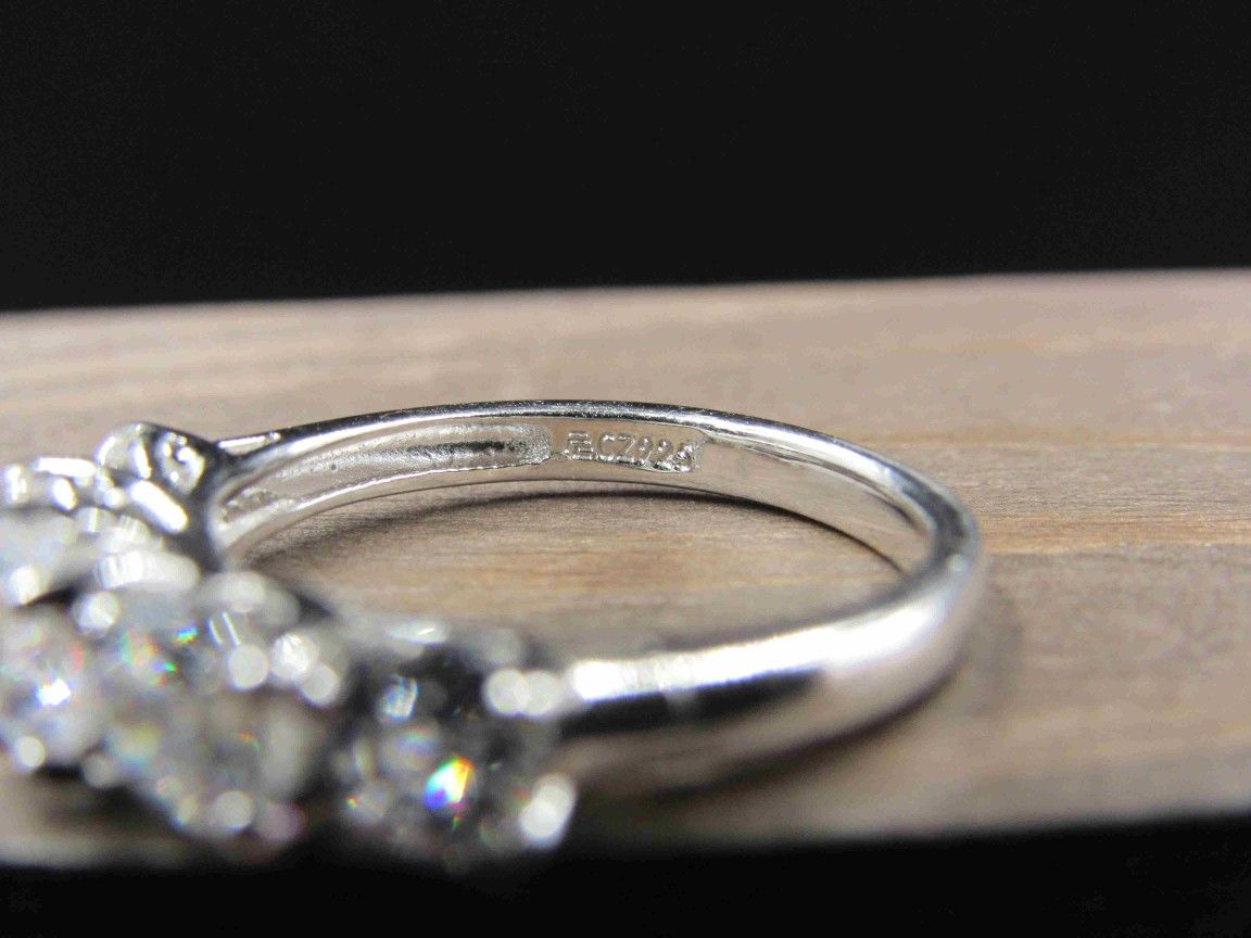 Size 7 Sterling Silver Five Round Cubic Zirconia Band Ring Vintage Statement Engagement Wedding Promise Anniversary Cocktail Friendship