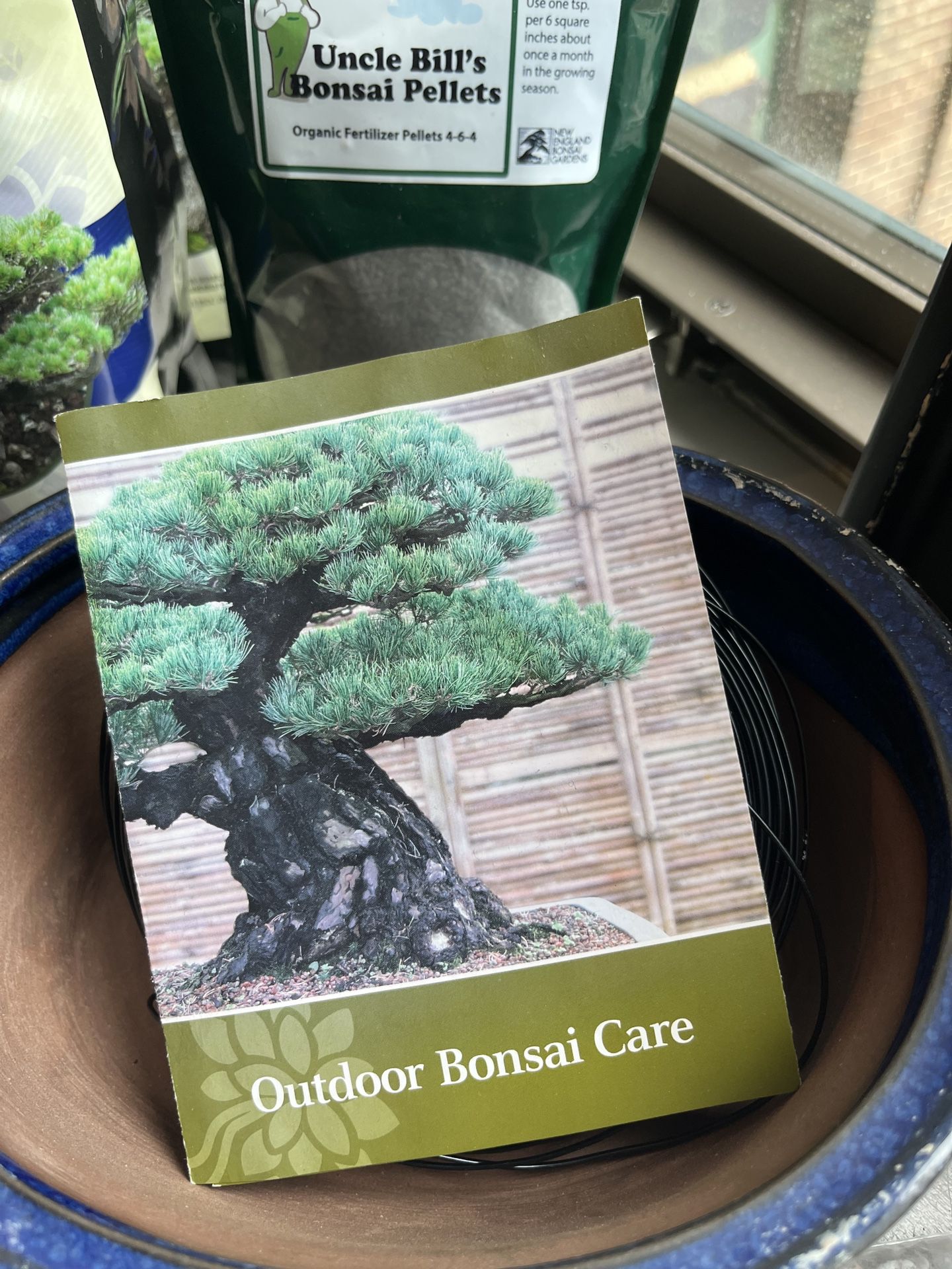 bonsai pruning shears, premium soil, fertilizer pellets, pebbles, wire, pot, tray