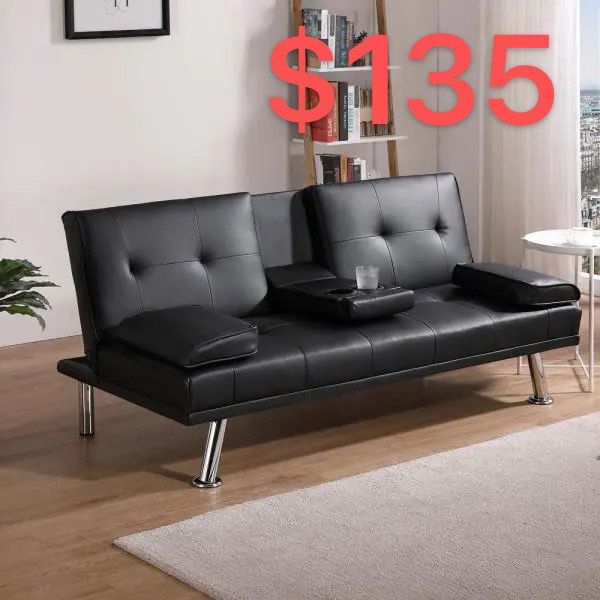 Black Faux Leather Upholstered Modern Folding Sofa Bed Futon
