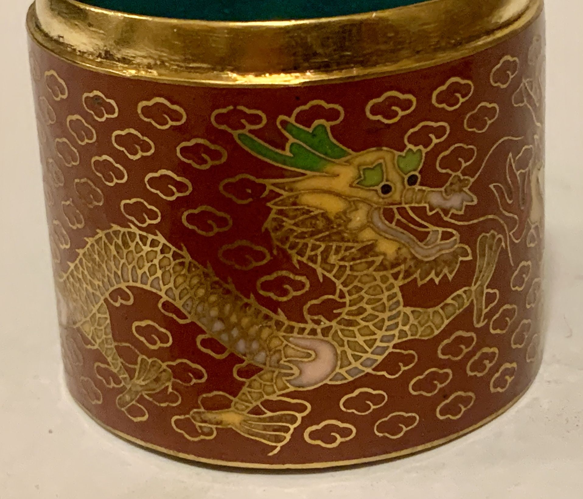 Vintage Set Of Chinese Cloisonné Container, Chinoiserie, Trinket with the 2 Dragons Motif, and 6 Cloisonné Beads With The Flowers Around
