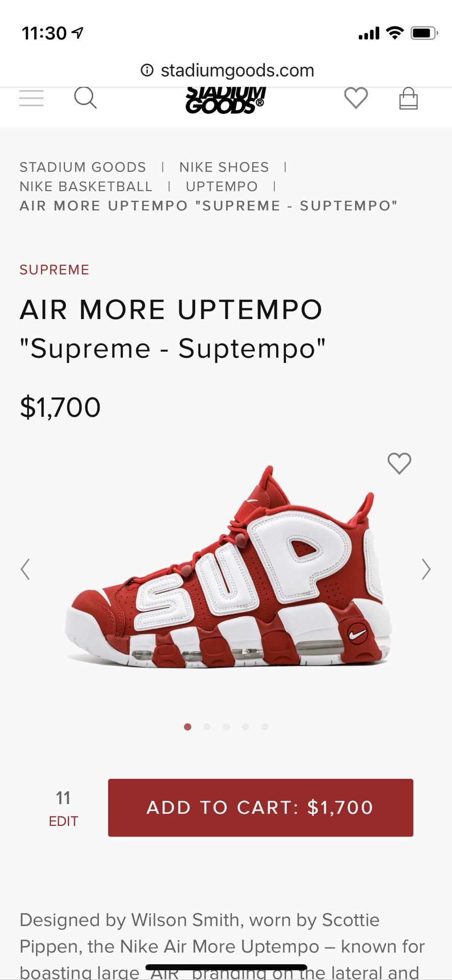 Supreme Nike Uptempo Size 11 Men