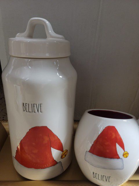 New Rae Dunn White  Believe With A Red Santa Hat Canister