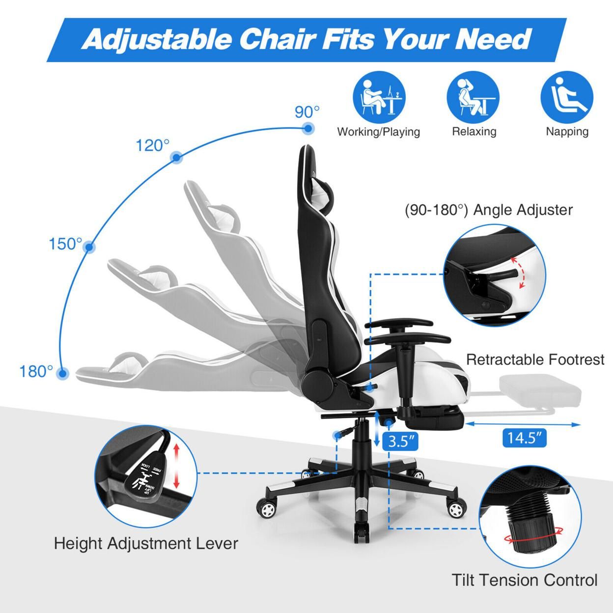 Gymax Massage Gaming Chair Adjustable Swivel Computer Office Chair w/ Footrest