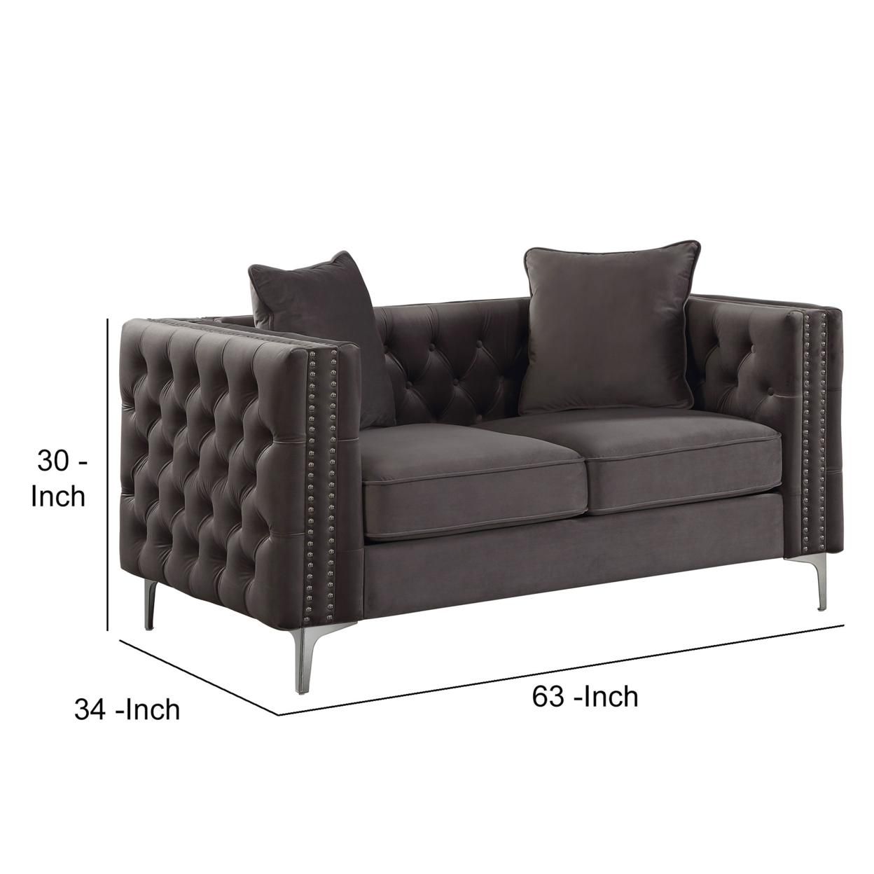 Velvet Upholstered Button Tufted Loveseat with Two Pillows, Dark Gray