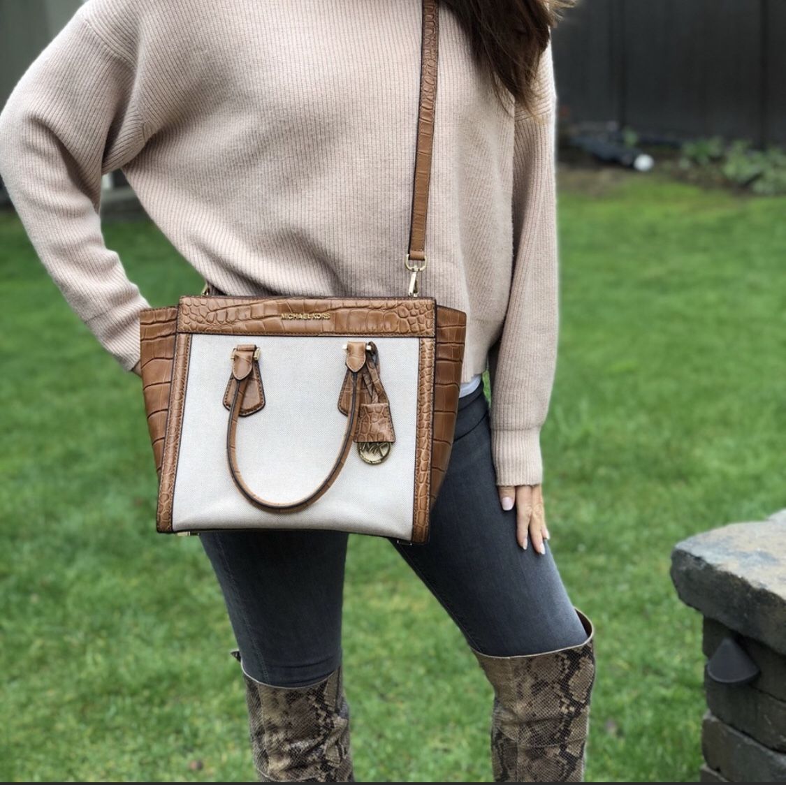 Michael Kors Canvas body Bag with croc embossed leather trim