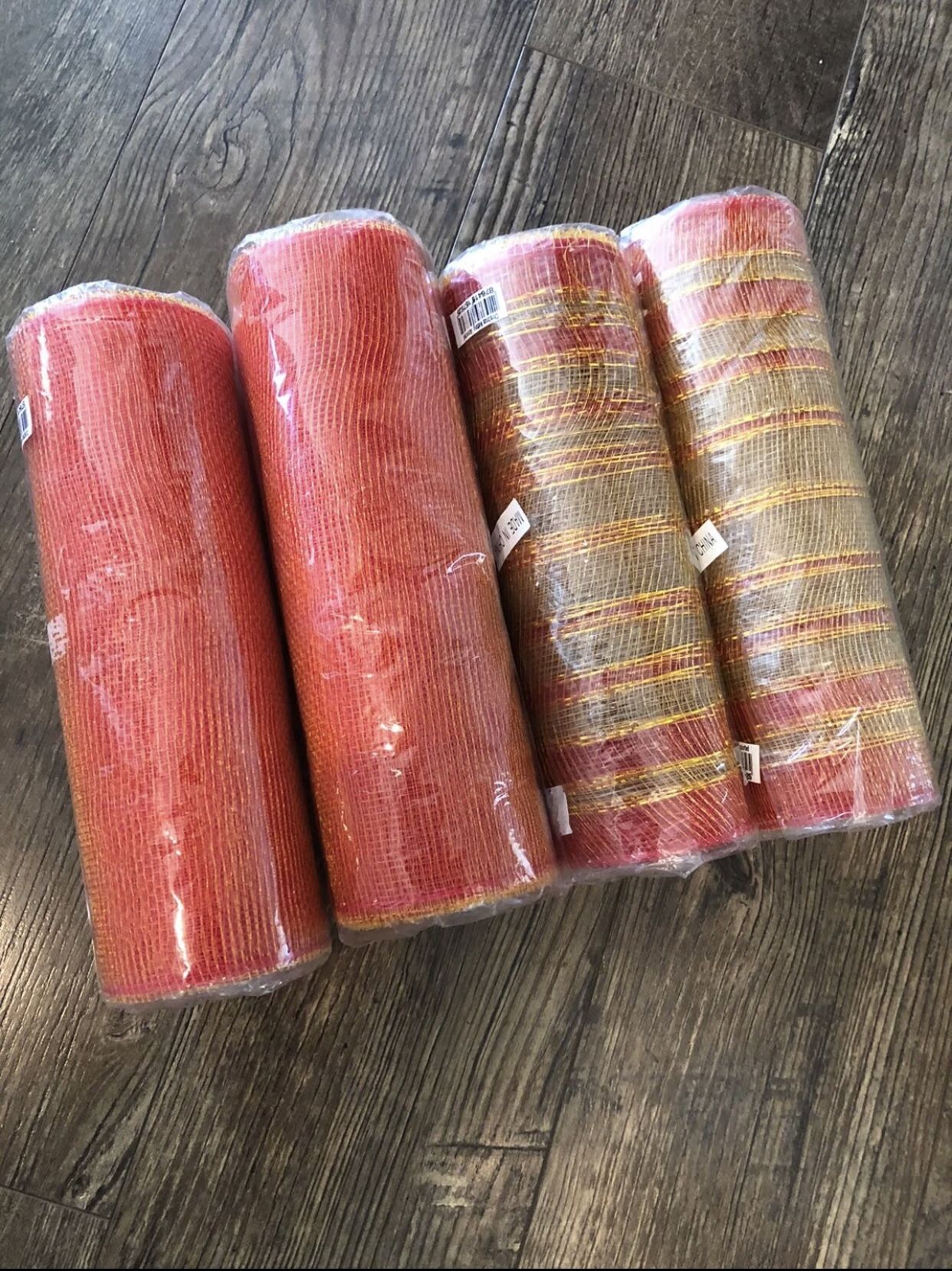 NWT 4 Rolls of 10” X 30’ Orange & Tinsel Gold Stripe Poly Deco Mesh Decor Netting. Note: The measures are approximation since no measurements are pr