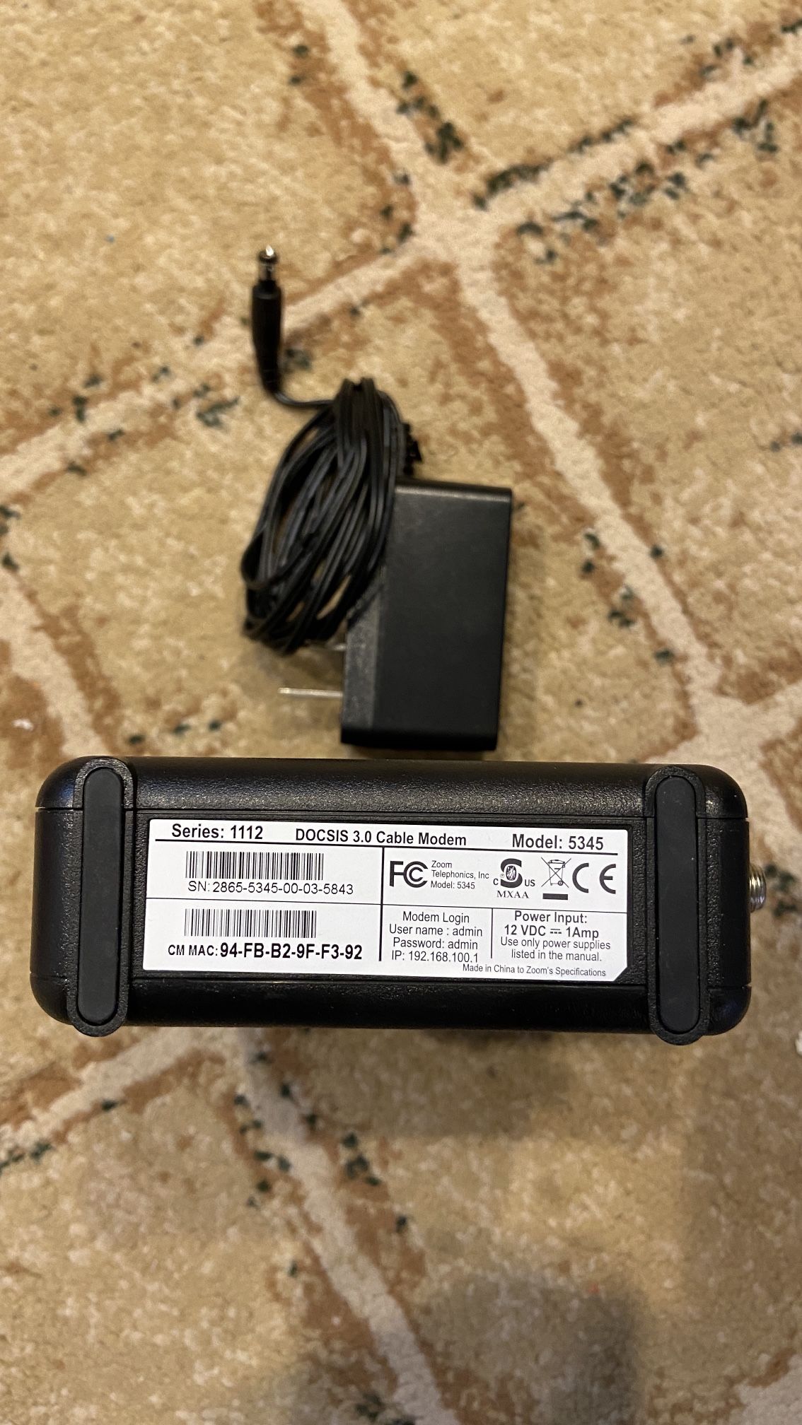 Zoom 5345 Series 1112 Docsis 3.0 Cable Modem Comcast