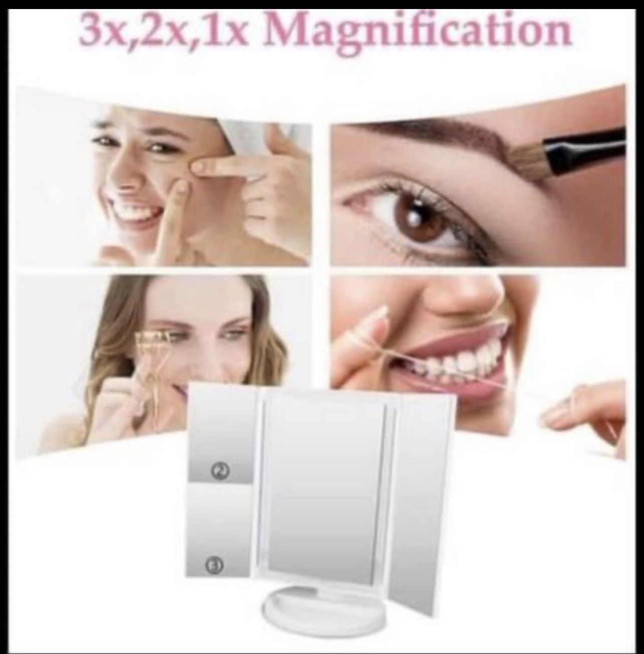 Lighted Makeup Mirror, Vanity Mirror with 24 LED Lights and Magnification, Tri-fold Countertop Magnifying Mirror with Touch Dimmer, Battery and USB Po