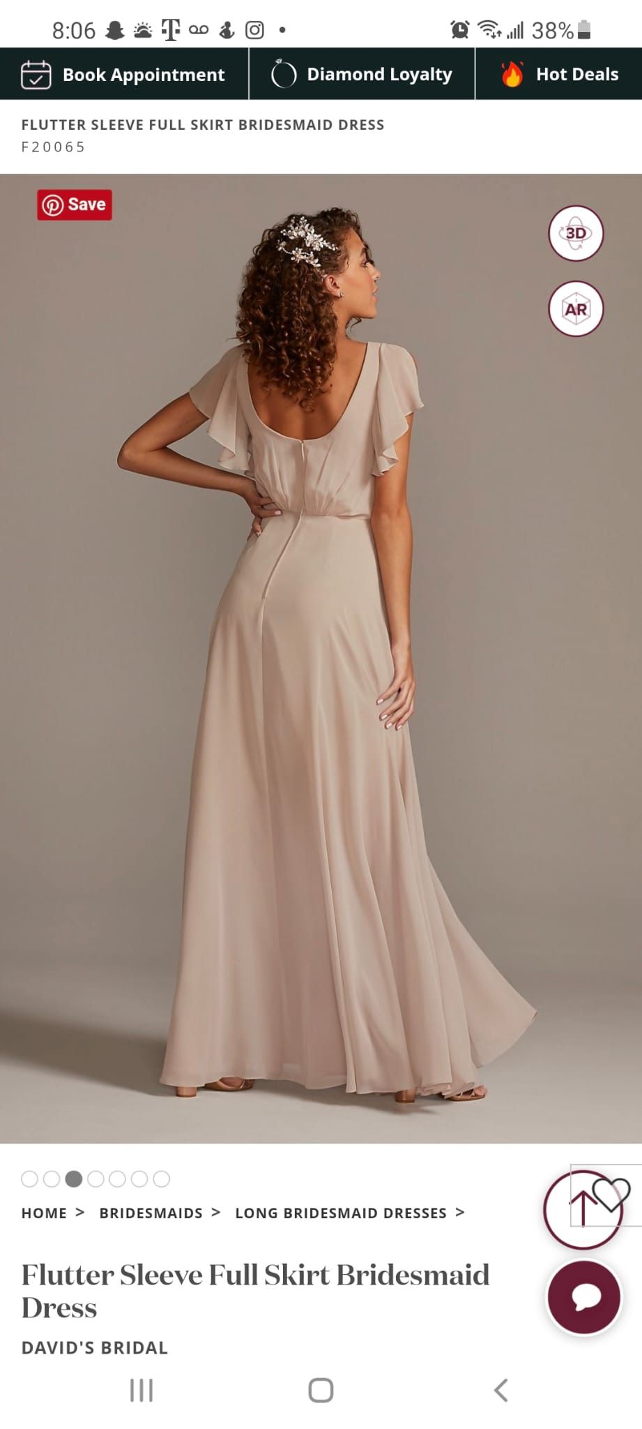 David’s Bridal Flutter-Sleeve Full Skirt Bridesmaid Dress Size 16 Ballet Pink NWT