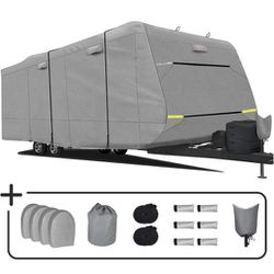 Brand New Travel Trailer RV Cover - Upgraded Heavy Duty 6 Layers Top Windproof Waterproof Sun Protection Camper RV Cover for 18'1" - 34' RV with 4 Tir Thumbnail