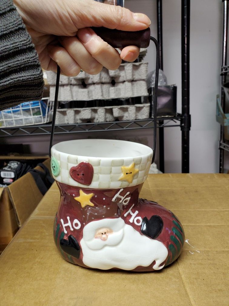Holiday Christmas Santa Claus Ceramic Stocking Decor Container
