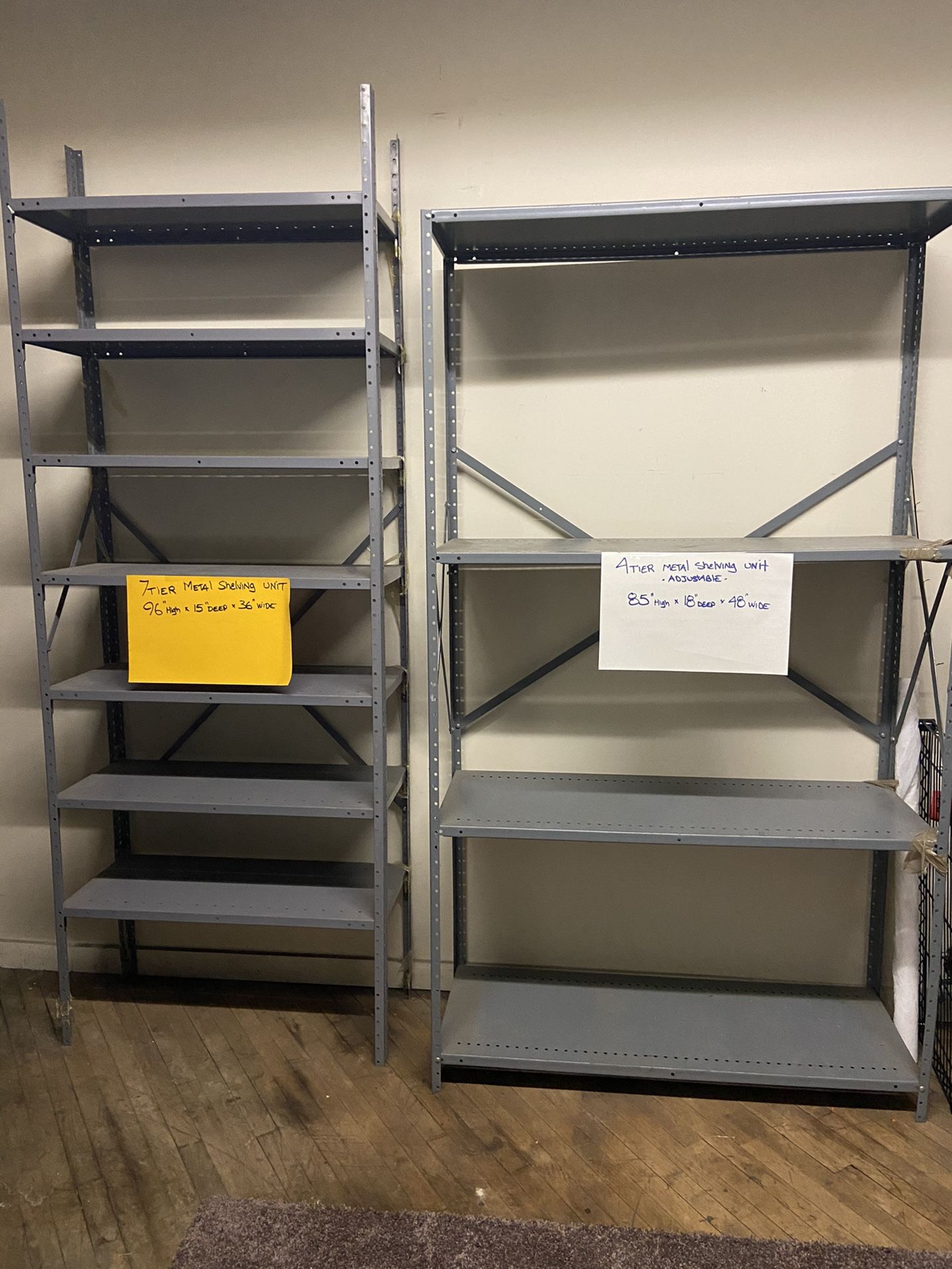 Various metal shelving units